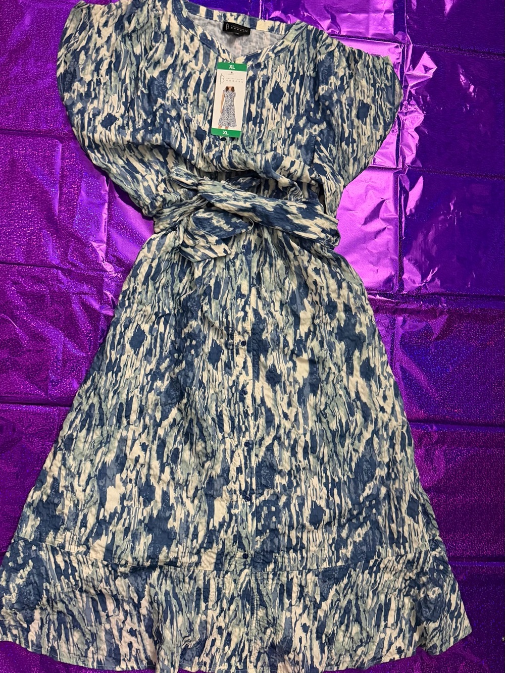 bobeau Blue & White Patterned Midi Dress with Waist Tie